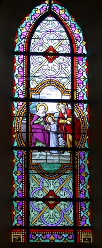 Ensemble des verrières de la nef : Scènes de la vie de la Vierge et verrières décoratives
