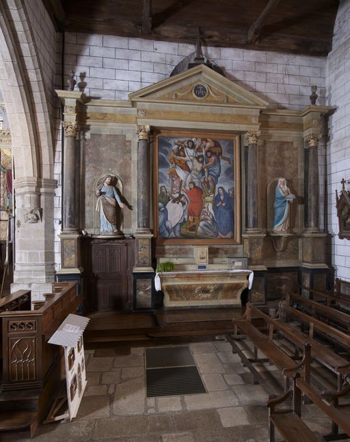 Ensemble de l'autel secondaire sud : autel, tabernacle, 2 gradins d'autel, retable, tableau, église Saint-Pierre (Sérent)