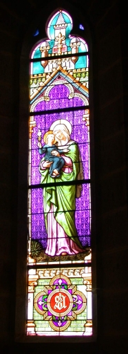 Ensemble des 5 verrières à personnages des baies 2, 4, 6, 8, 10 : saint Jean-Baptiste, Vierge à l'Enfant, sainte Anne et la Vierge, saint Dominique, saint Gabriel