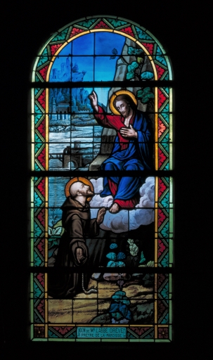 Ensemble des verrières à personnages des baies 1 et 2 : saint François, Education de la Vierge