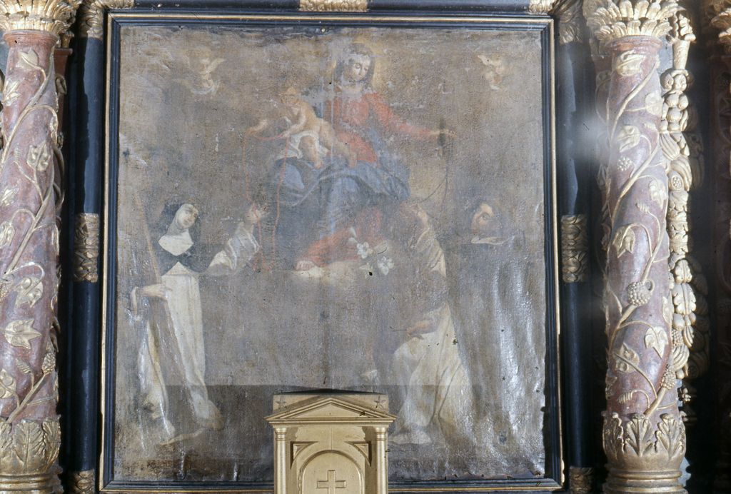 Tableau (tableau d'autel) : Donation du Rosaire à saint Dominique et sainte Catherine de Sienne, église paroissiale Saint-Abdon, Saint-Sennen (Messac fusionnée en Guipry-Messac en 2016)