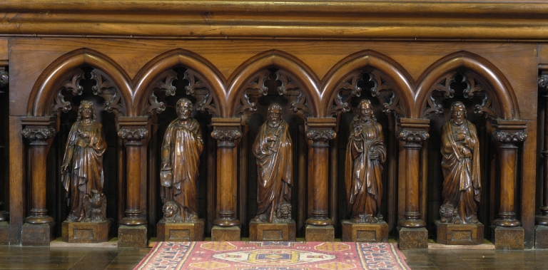 Ensemble de 5 statuettes : Christ enseignant, Saint Jean, Saint Luc, Saint Marc, Saint Mathieu