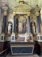 Ensemble de l'autel secondaire nord : autel, retable, 2 gradins d'autel, chapelle Saint-Golven, le Vieux-Bourg (Taupont)