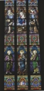 Ensemble des verrières des baies 105 et 106 : Don du Rosaire, Saints Pierre, Henri, et Joseph ; Apparition du Sacré Coeur, Saints Louis et Paul, Sainte Hélène