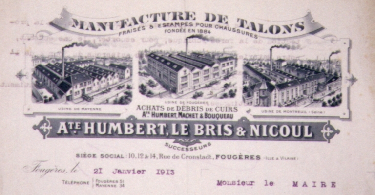 Usine de chaussures (usine de talons) Humbert, Machet et Bouqueau, puis Humbert, Le Bris et Nicoul, puis Le Bris et Nicoul, actuellement Nicoul, 8, 10 rue Gustave Flaubert ; 4, 6 rue du Père Maunoir (Fougères)