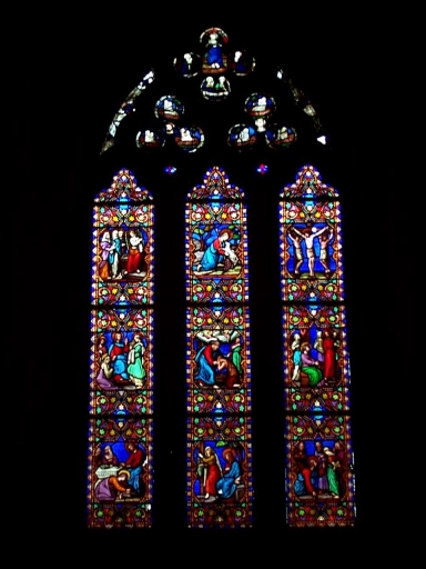 Verrière de la baie 14 (verrière décorative) : Jugement dernier, Le Pardon, La Rédemption