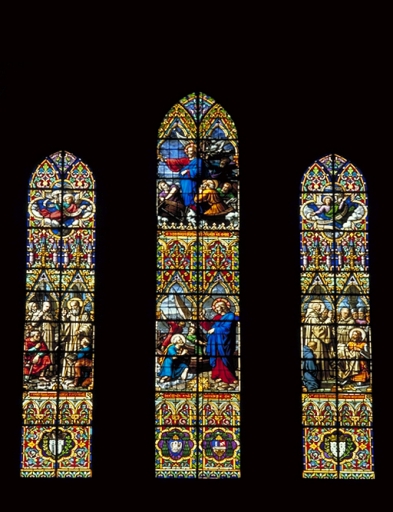 Verrière à personnages de la baie 114 : scènes de la vie de saint Méen, tempête apaisée, tradition legis