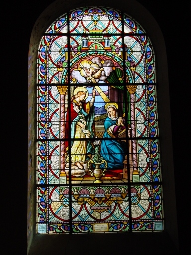 Verrières (3) baies 1, 9 et 10 (verrières historiées) : Baptême du Christ ; Présentation de Jésus au temple ; Annonciation