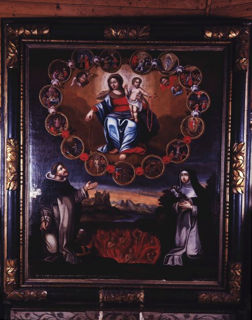Tableau : Don du Rosaire à saint Dominique et à sainte Catherine de Sienne, chapelle Saint-Mélec (Lanouée fusionnée en Forges de Lanouée en 2019)