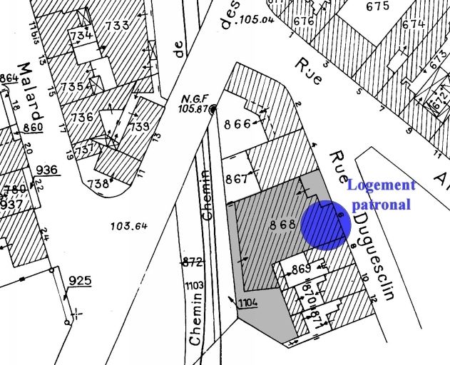 Usine de chaussures Henry Maire, puis Vannier Desvaux et Ségouin, puis F. Martin, actuellement usine de menuiserie Blot, 6 rue Duguesclin (Fougères)