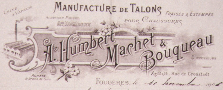 Usine de chaussures (usine de talons) Humbert, Machet et Bouqueau, puis Humbert, Le Bris et Nicoul, puis Le Bris et Nicoul, actuellement Nicoul, 8, 10 rue Gustave Flaubert ; 4, 6 rue du Père Maunoir (Fougères)