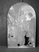 Tableau (2) : sainte non identifiée jouant de la harpe, Communion de la Vierge, église paroissiale Saint-Bily (Plaudren)