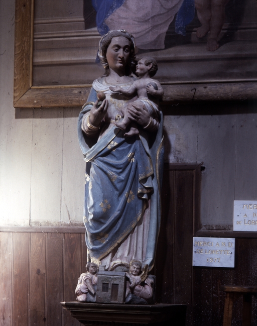 Statue (d'applique, petite nature) : Vierge à l'Enfant, dite Notre-Dame de Lorette, église paroissiale Notre-Dame-de-Lorette (Séglien)