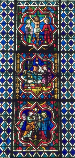 Verrière de la baie 32 : Annonciation, Nativité, Calvaire
