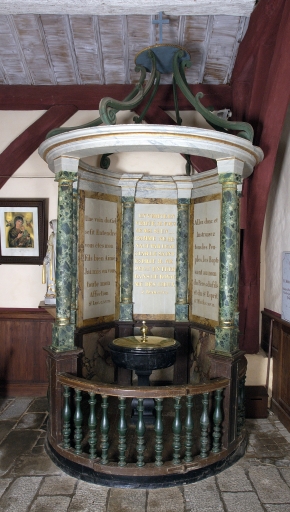 Baldaquin des fonts baptismaux, clôture des fonts baptismaux, église paroissiale Saint-Médard (Billé)