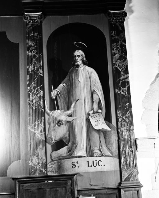 Lambris de hauteur, peinture : les christ en croix, évangélistes, église paroissiale Sainte-Croix (La Croix-Helléan)