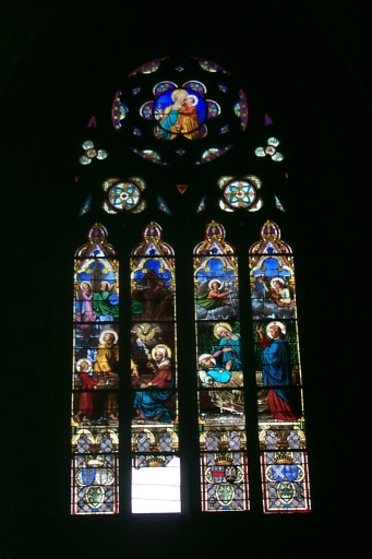 Ensemble des verrières à personnages des baie 117 et 118 : Assomption, scènes de la vie de saint Joseph