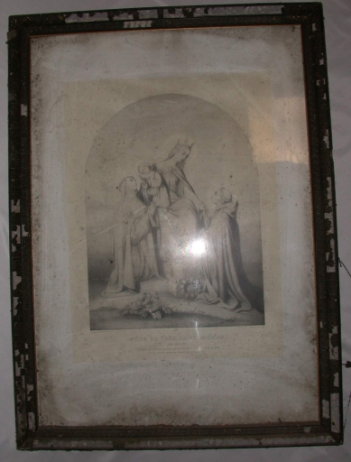 Estampe : Don du Rosaire à saint Dominique et à sainte Catherine de Sienne