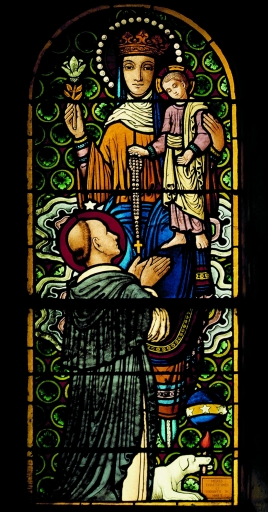 Ensemble de 3 verrières (baies 1, 3, 4) : Donation du Rosaire à saint Dominique, Vierge à l'Enfant, Education de la Vierge