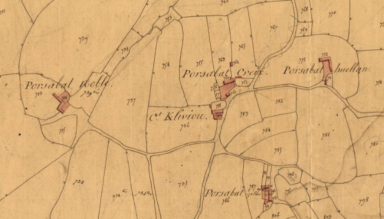 Extrait du cadastre ancien de 1829, section C feuille 3. Ferme, Porz Abat Creiz.