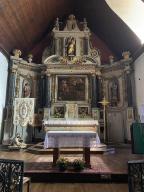Ensemble du maître-autel : autel, retable, tabernacle, 2 gradins d'autel, exposition, église Saint-Pierre (Lanouée fusionnée en Forges de Lanouée en 2019)