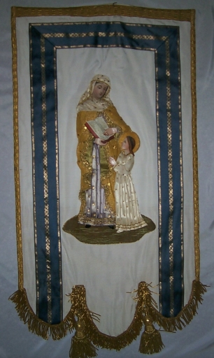 Bannière de procession : Education de la Vierge, sainte martyre (?), église Saint-Melaine (La Chapelle-de-Brain, anciennement La Chapelle-Saint-Melaine)