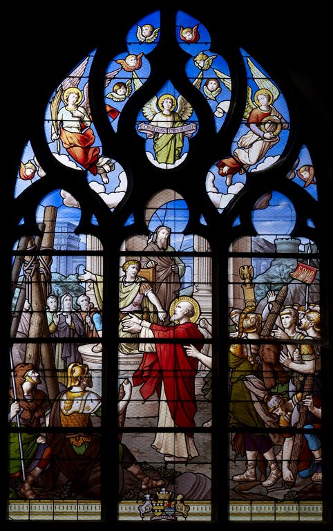 Ensemble des 8 verrières à personnages des baies 1 à 8, église paroissiale Saint-André (Le Roc-Saint-André fusionnée en Val d'Oust en 2016)