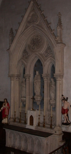 Ensemble de l'autel de la Vierge : autel, tabernacle, 2 gradins d'autel, exposition, retable, 2 degrés d'autel