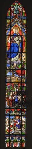 Ensemble des 5 verrières du choeur (baies 100 à 104) : Scènes de la vie de saint Martin de Vertou, Saint Louis rend la justice, Martyre de sainte Félicité, Assomption