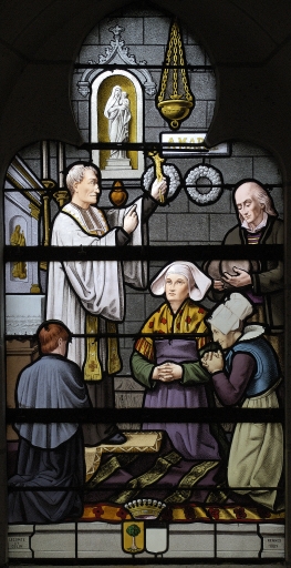 Ensemble de 4 verrières à personnages des baies 1, 3, 4, 6 : Saint Louis, Sainte Thérèse d'Avila, Saint François d'Assise, Sainte Philomène, Dogme de l'infaillibilité pontificale, Bienheureux Louis-Marie Grignion de Montfort