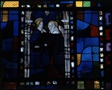 Verrière (2) : Annonciation, Visitation, verrière à personnages, église paroissiale Notre-Dame-de-Lorette (Séglien)