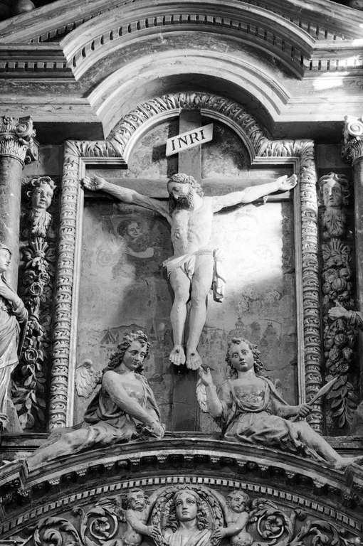 Groupe sculpté, tableau (demi-nature) : Crucifixion, église paroissiale Saint-Abdon, Saint-Sennen (Messac fusionnée en Guipry-Messac en 2016)