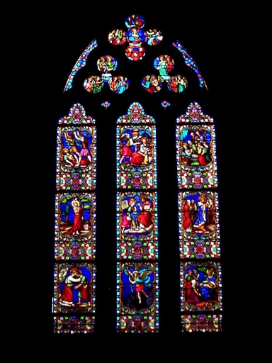 Verrière de la baie 10 : saint Sébastien, saint Michel, saint Louis, glorification de la Vierge