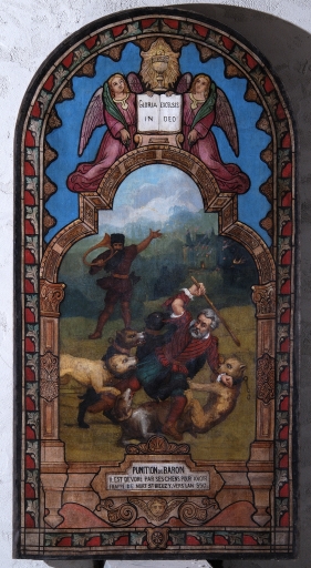 Tableau : la punition du baron, place Ernest Lemoine (Bieuzy fusionnée en Pluméliau-Bieuzy en 2019)