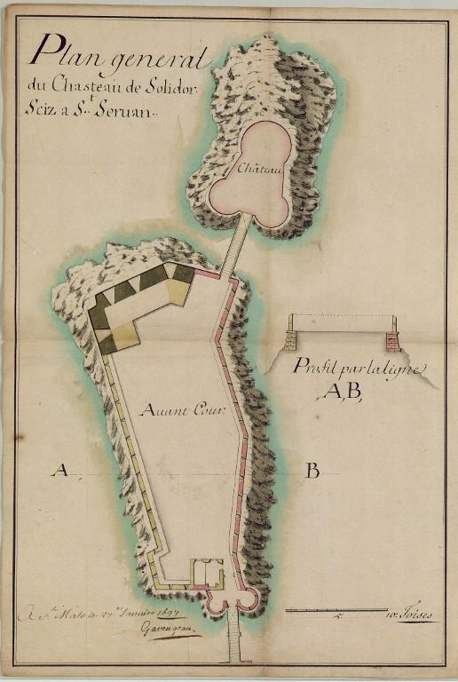 Plan de la Tour Solidor et de son ouvrage avancé par l'ingénieur Garengeau, 27 janvier 1697. Lavé de jaune, le projet avec batterie d'artillerie et corps de garde