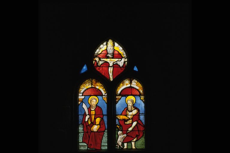 Verrière de la baie 3 : La Trinité, Saint Barthélemy et Saint Jean-Baptiste, chapelle Saint-Barthélemy (Pleucadeuc)
