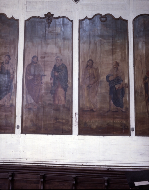 Peintures : les Apôtres, saint Paul, saint Barnabé, les Evangélistes, les docteurs de l'église, église paroissiale Notre-Dame-de-Lorette (Séglien)