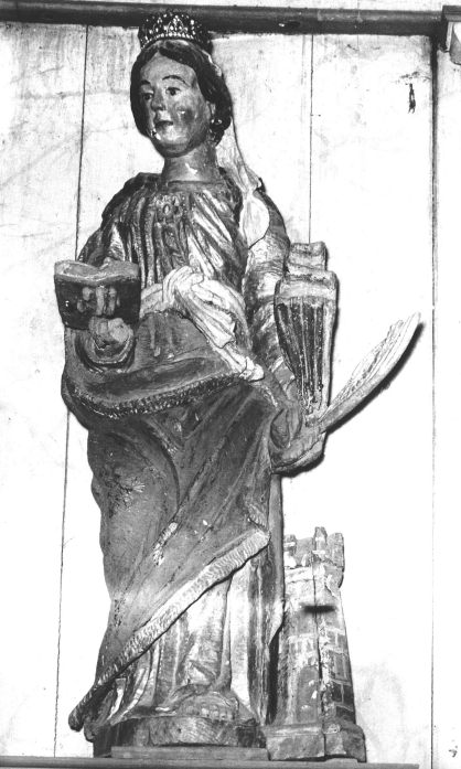 Statue (petite nature, d'applique) : sainte Barbe, église paroissiale Saint-Laurent (Callac)