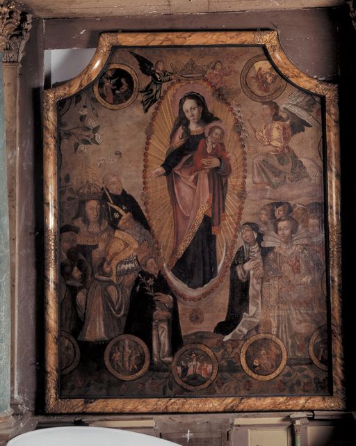 Tableau d'autel : Don du Rosaire à saint Dominique et à sainte Catherine de Sienne, en présence de saints et de donateurs, église Saint-Bertin (Guillac)