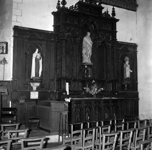 Autels (2), retables (2), statues (11), groupe sculpté (autel secondaire, autel tombeau, retable à ailes, statuette, petite nature) : sainte Thérèse de Lisieux, saint Martin, Sacré-Cœur, moine bénissant tenant un livre, saint Bruno, bon pasteur, saint François d'Assise, moine chartreux, église paroissiale Saint-Martin (Tresbœuf)