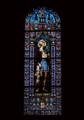 Verrières à personnages des baies 3, 5 et oculus (baie 105) : sainte Jeanne de Chantal, saint Maurice